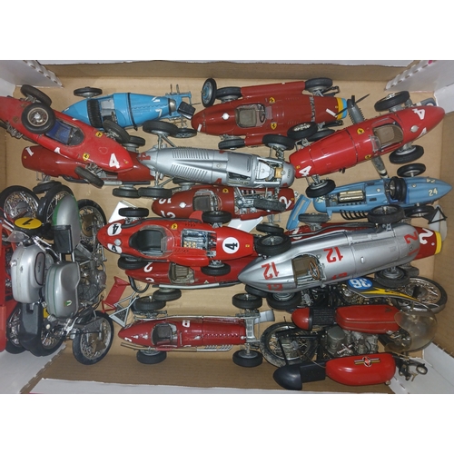 506 - A box of mainly Revival die-cast model racing cars and some plastic model motorbikes.