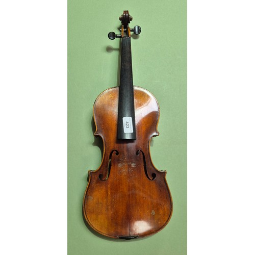423 - An antique violin (AF) with hard case and bow.