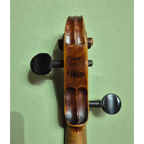 423 - An antique violin (AF) with hard case and bow.
