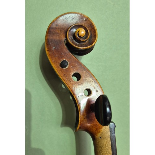 423 - An antique violin (AF) with hard case and bow.