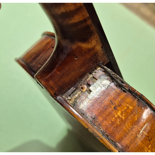 423 - An antique violin (AF) with hard case and bow.