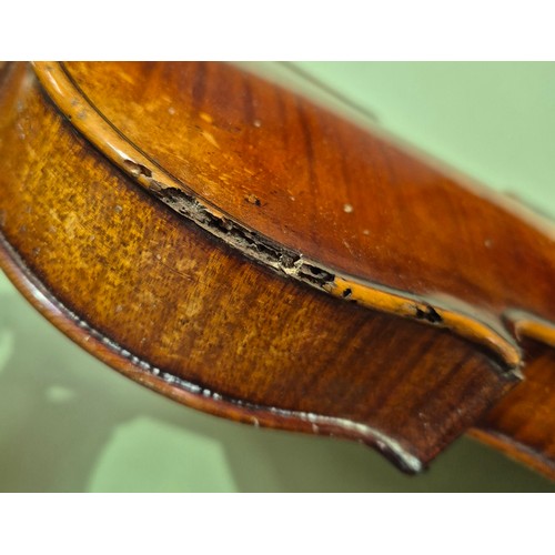 423 - An antique violin (AF) with hard case and bow.
