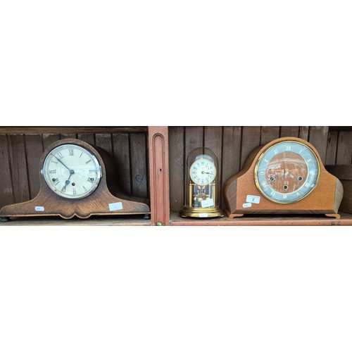 2 - A Smith's mantle clock with keys and pendulum, a Bentima 400 day anniversary clock, a mantle clock w... 