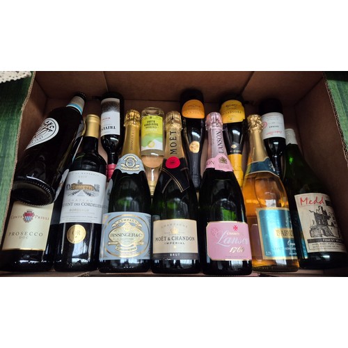 21 - A box of assorted alcoholic beverages to include champagne etc. Appx 13 bottles