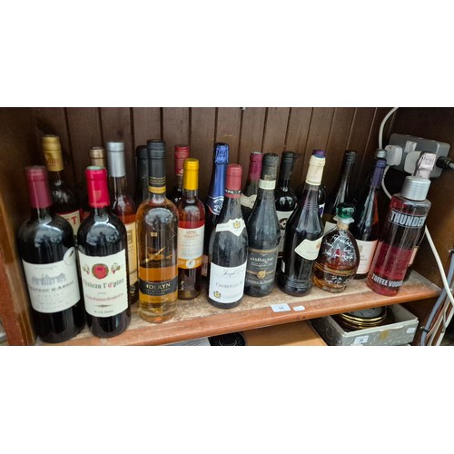 10 - Approx 22 bottles of alcohol including brandy/Irish malt whisky in split bottle, Toffee Vodka, wine,... 