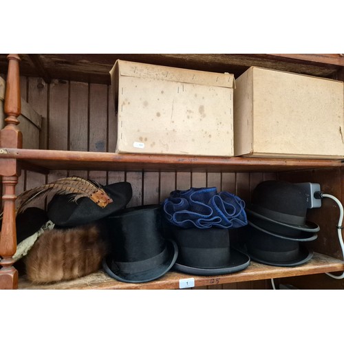 1 - A collection of 9 vintage hats to include bowlers, top hat, and ladies hats