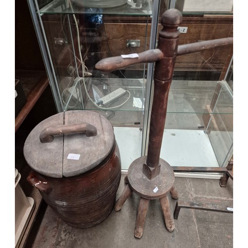 43 - A vintage posser and a large stoneware storage jar with wooden lid