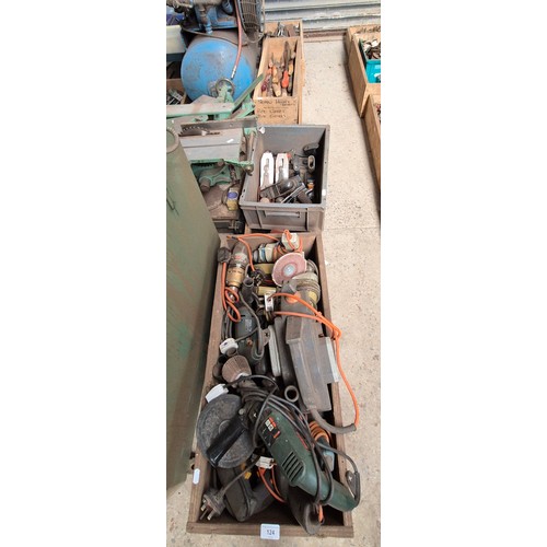 124 - 6 boxes of tools to include chisels, planes, power tools (as found), files, cold chisels, etc