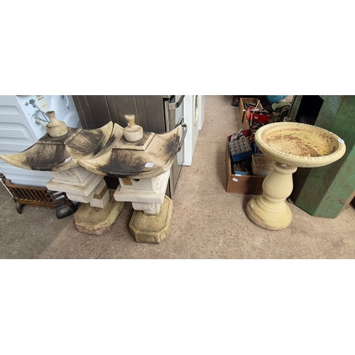 128 - A Melmar stone birdbath and 2 Japanese Pagoda style garden lantern ornaments