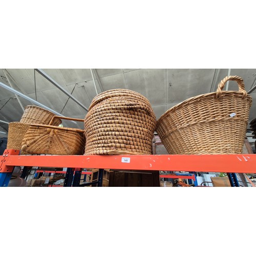 145 - 5 wicker baskets including laundry basket, waste bin etc