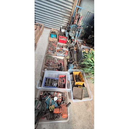 123 - 14 boxes of mixed tools and accessories including drill bits, reamers, cutters, sliding mitre saw, j... 