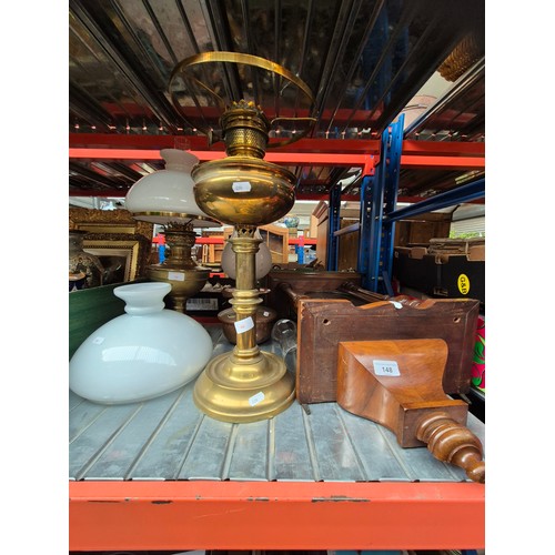 148 - A Vienna wall clock, 3 brass oil lamps with glass shades