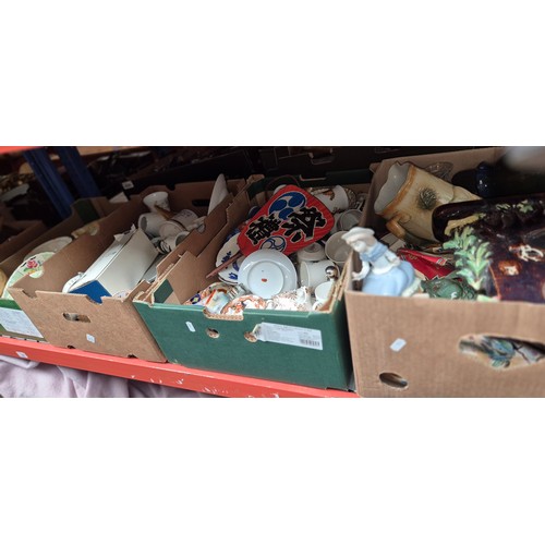 153 - 4 boxes of mixed ceramics including a Nao figure, large blue and white platter Doulton Westwood tabl... 