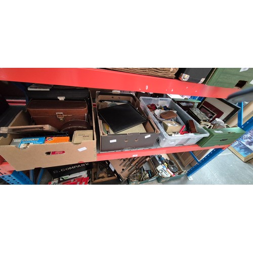 167 - 4 boxes of mixed items including a box of photographic equipment, ephemera, toy cars, clocks, potter... 