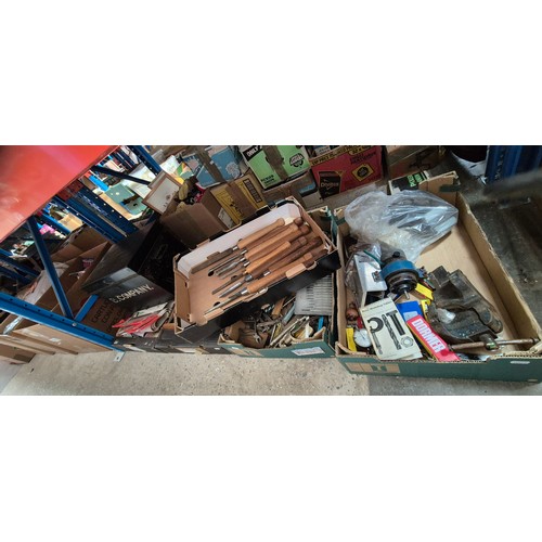 168 - 5 boxes of tools and a metal box. Engineers vice, small electric motor, chisels hand tools etc