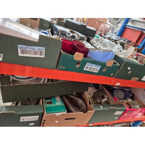 179 - 9 boxes of ceramics and glass, including kitchen items, drinking glasses, boxed candle holders, fibr... 