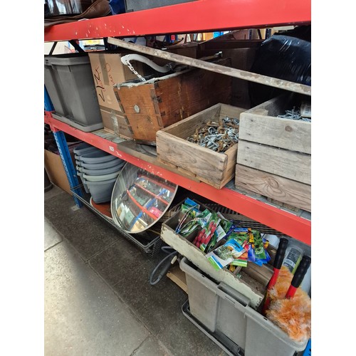 178 - 2 shelves of garge and garden wares including garden sprayer, seeds, bolt croppers, cable reel, roll... 