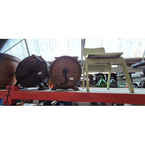 138 - A vintage knife sharpener and polisher, together with an antique butter churner (no paddle), and a s... 