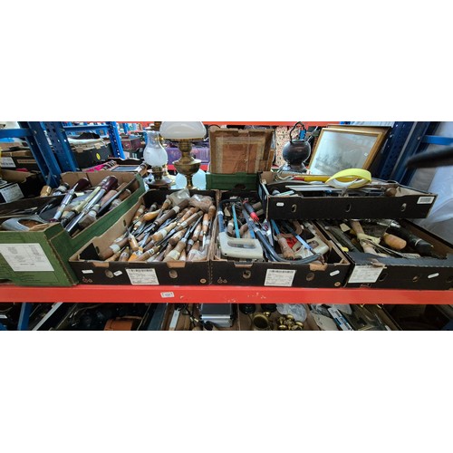 131 - 5 boxes of tools to include chisels, ratchet screwdrivers, metal saws etc