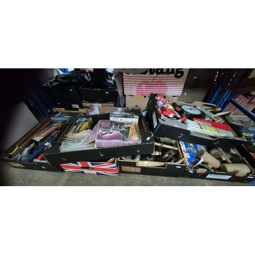 135 - 6 boxes of tools including hammers, blow lamps, planes mallet, hand riveter, mole grips, wall ties, ... 