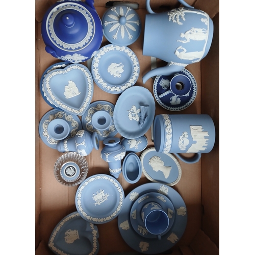 413 - A box of assorted blue Wedgwood Jasperware.