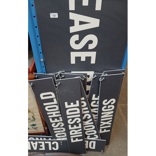 141 - Shop commodity signs - 13 small and 1 large. Mainly hardware related
