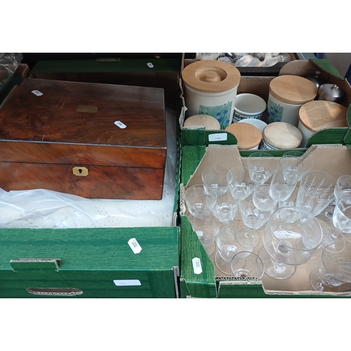 146 - A mixed lot to include glass ware, ceramics including Portmeirion, crocheted bedspread, storage jars... 