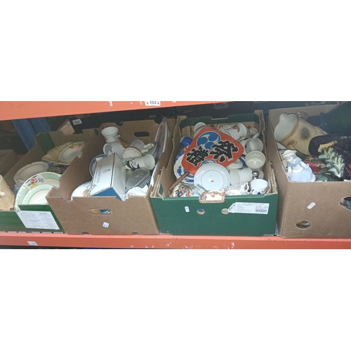 153 - 4 boxes of mixed ceramics including a Nao figure, large blue and white platter Doulton Westwood tabl... 