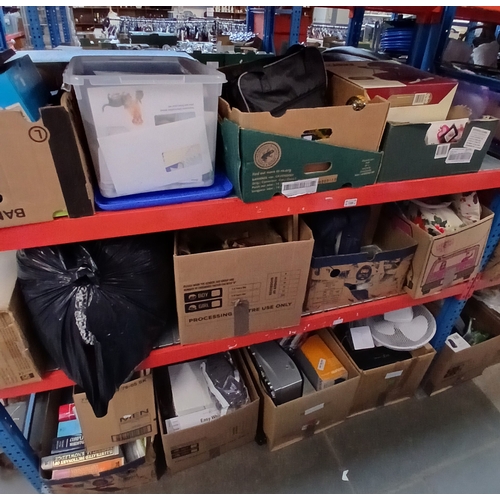 159 - 3 shelves of mixed items to include books, hair dryer, cosmetics, desk fan, haberdashery, mini sewin... 