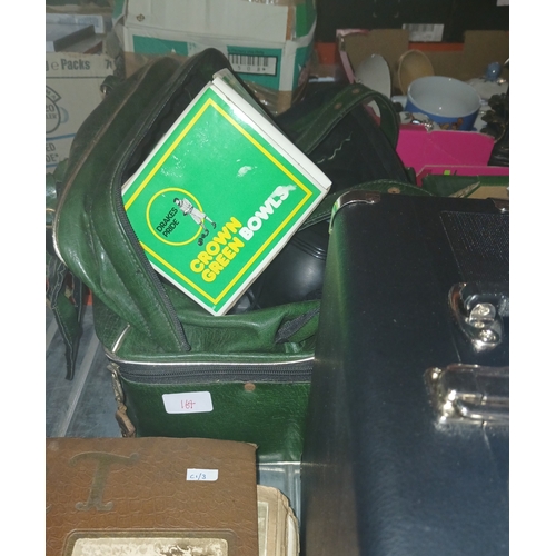 164 - A Bush portable record player, a pair of Drake's Pride crown green bowls, and a pair of Thomas Taylo... 