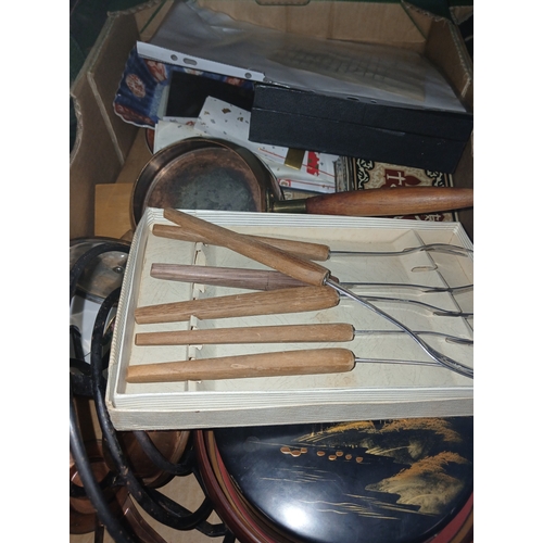 165 - A copper fondue set, various books, ceramics, ephemera etc