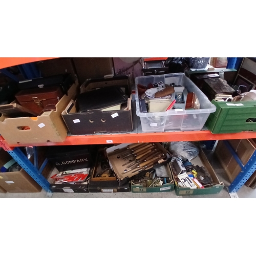 167 - 4 boxes of mixed items including a box of photographic equipment, ephemera, toy cars, clocks, potter... 