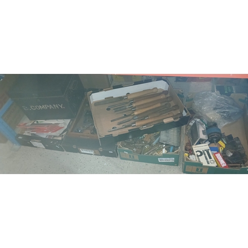 168 - 5 boxes of tools and a metal box. Engineers vice, small electric motor, chisels hand tools etc