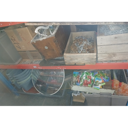 178 - 2 shelves of garge and garden wares including garden sprayer, seeds, bolt croppers, cable reel, roll... 