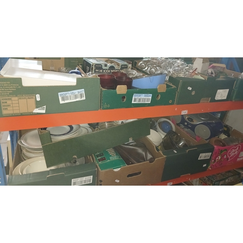 179 - 9 boxes of ceramics and glass, including kitchen items, drinking glasses, boxed candle holders, fibr... 