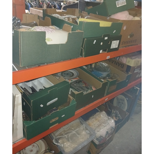 180 - 16 boxes on 3 shelves, containing miscellaneous items including vases, glass ware, ornaments, pictur... 