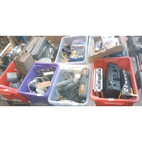 266 - A Powercraft router table, 6 boxes of mixed tools, metal tolbox with tools, tripod, cased microscope... 