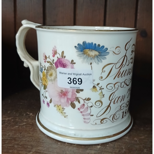 369 - Painted Staffordshire mug ' J H Thurstan January 13 1841
