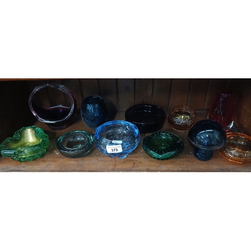 375 - Eleven coloured glass ashtrays and vases