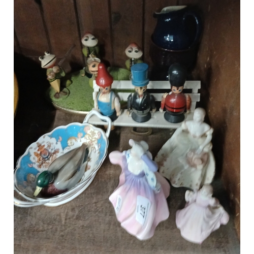 377 - A mixed lot comprising three Coalport figures, a novelty corkscrew and bottle opener set, shell band... 