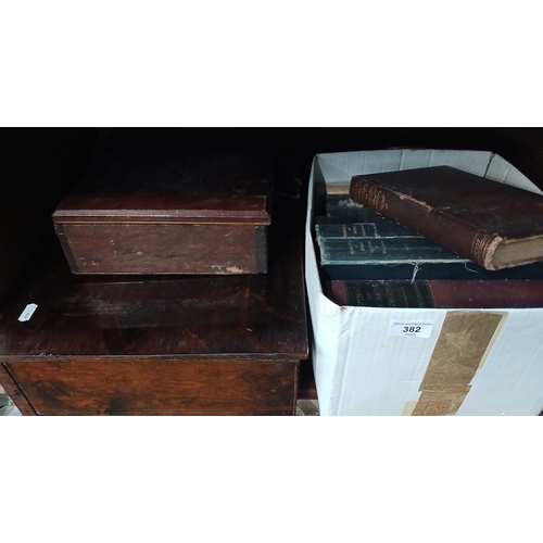 382 - Box of books, wooden box and wooden box with cutlery