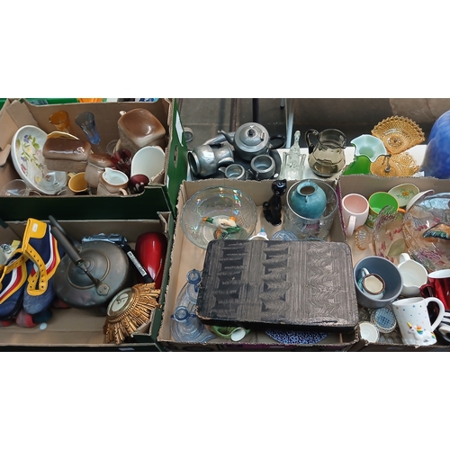 385 - A table top of glass and ceramics in 4 boxes, together with a pewter tray and tea set and a pair of ... 