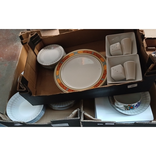 387 - Three boxes of assorted dinnerware to include Villroy & Boch and Noritake
