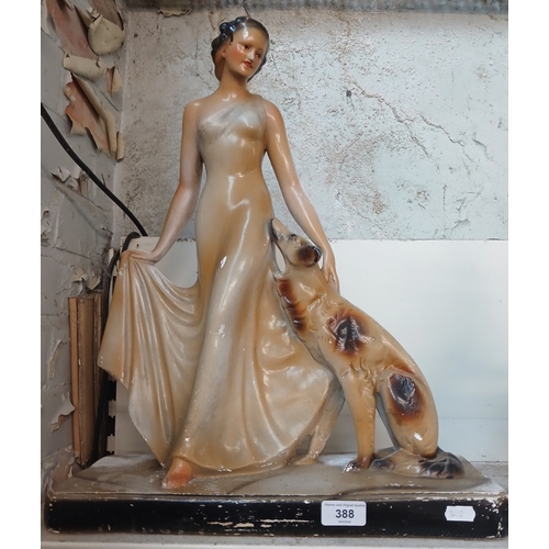 388 - Art Deco chalkware figure group featuring lady with dog