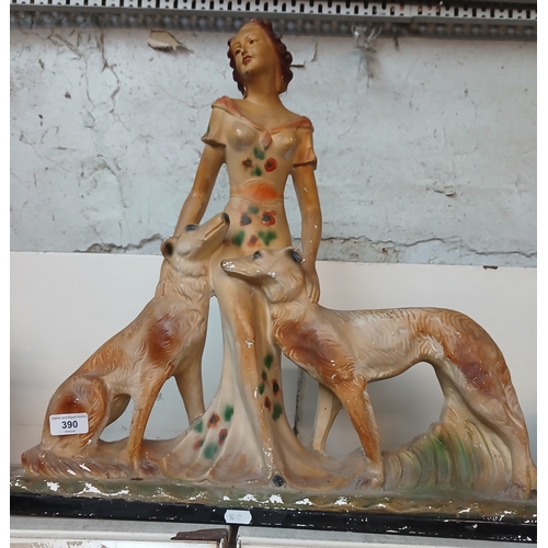 390 - Large Art Deco chalk ware figure group of lady with 2 dogs