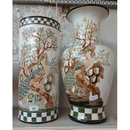 393 - A large Satsuma vase and matching stick stand