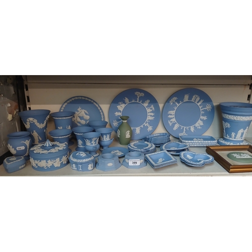 399 - Wedgwood jasper wares - approx 39 pieces including plates, vases, pin trays, framed figure. Mainly p... 