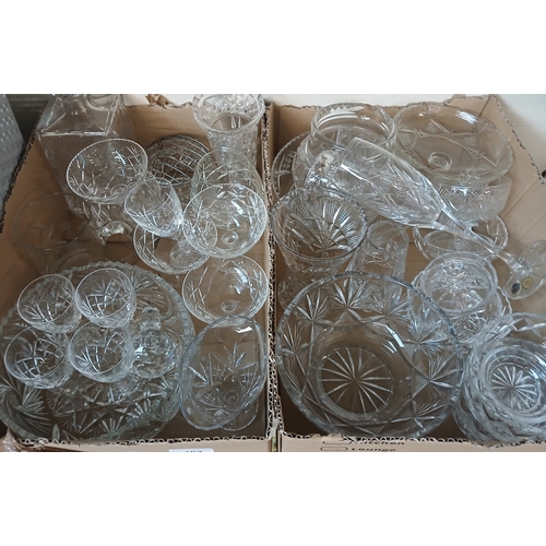 403 - 2 boxes of glass ware including drinking glasses, bowls, vases dishes, decanter etc