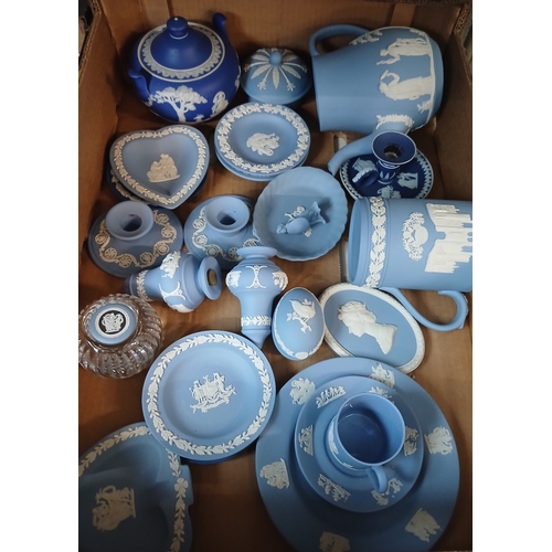413 - A box of assorted blue Wedgwood Jasperware.