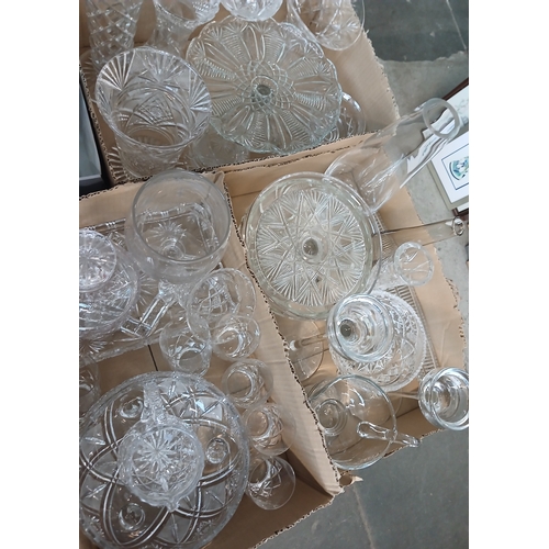 414 - 3 boxes of cut glass to include vases, decanter, bowls, tray, tazzas etc